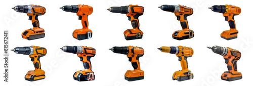 Set of Collection of orange cordless drills isolated transparent PNG background
