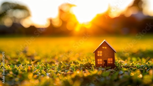 Wooden house model placed on grass, set against a blurred sunset background