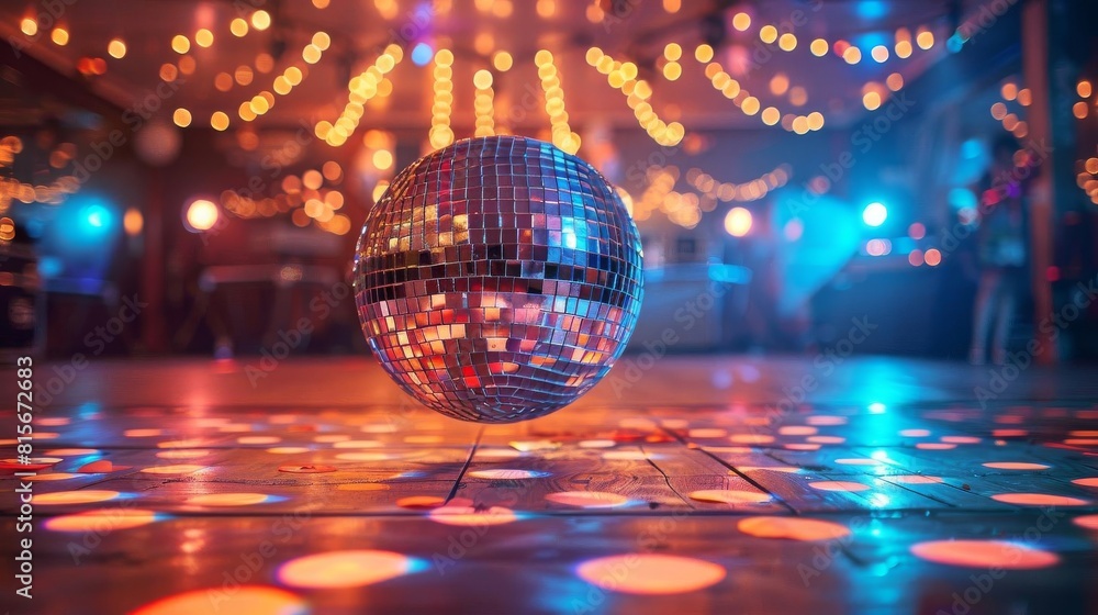 Obraz premium Disco dance birthday party with a disco ball, dance floor, and 70s music hits