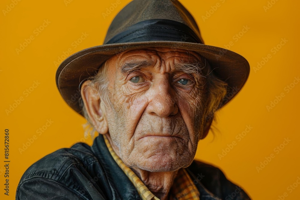 Elderly man in a classic fedora looking thoughtful, with a minimalist yellow background emphasizing his expression Elderly man in a classic fedora looking thoughtful, with a minimalist yellow background emphasizing his expression