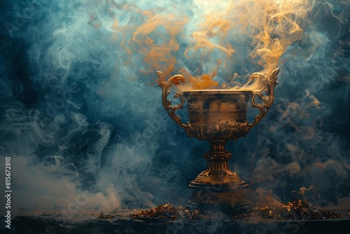 Dramatic shot of a golden trophy enveloped by swirling smoke, highlighting the elusive nature of success photo