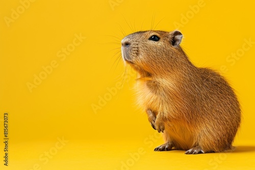 Capybara on a yellow background. Copy space for text