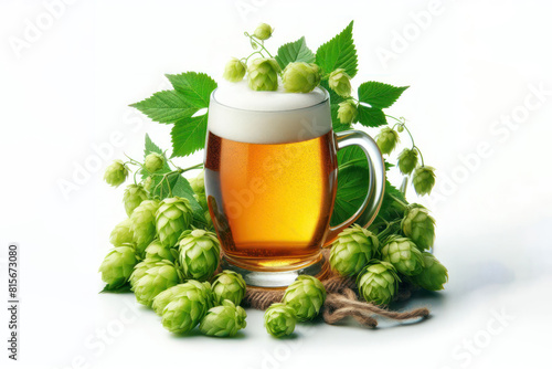 Glass of beer with branch of fresh hops Isolated on white background
