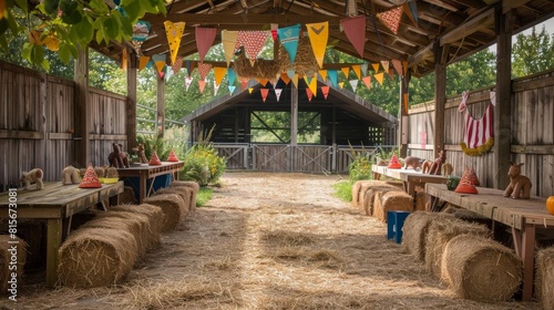 Farmthemed birthday party at a petting zoo, with hay bales, pony rides, and farm animal decorations