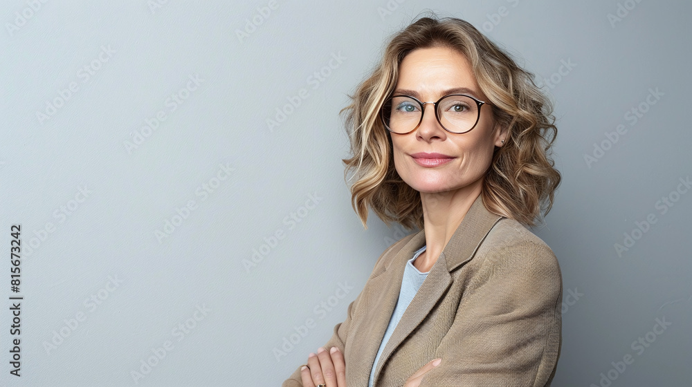 Middle aged woman model posing on gray background