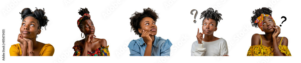 Set of African American women posing in colorful outfits with expressive looks isolated transparent PNG background Set of African American women posing in colorful outfits with expressive looks isolated transparent PNG background