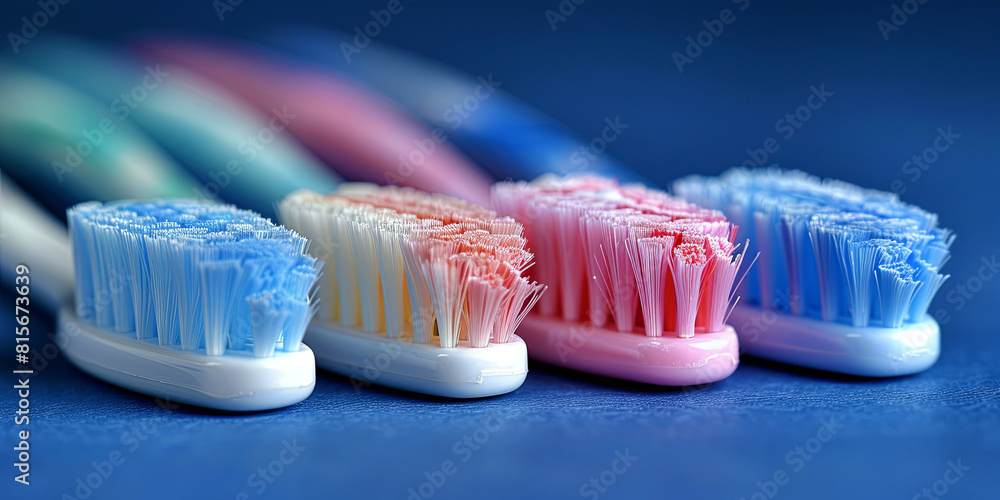Four toothbrushes of different colors are lined up on a blue surface Four toothbrushes of different colors are lined up on a blue surface