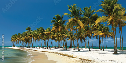 A beach with palm trees and a blue sky