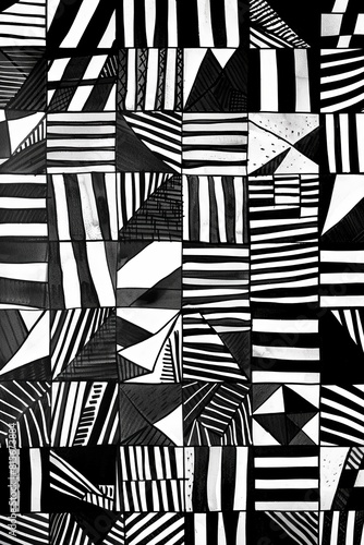 Black and White Modular Hatched Pattern - Elegant Minimalist Geometric Design with Bold Lines and Simple Aesthetic