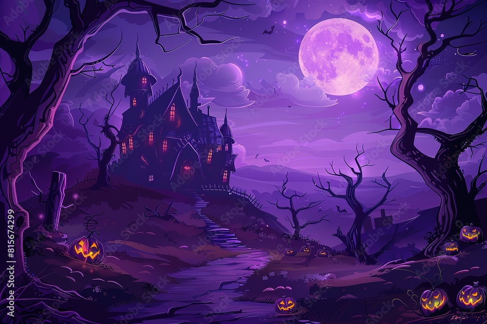 Halloween drawing with haunted witch house, dark blue sky, and orange pumpkins decoration