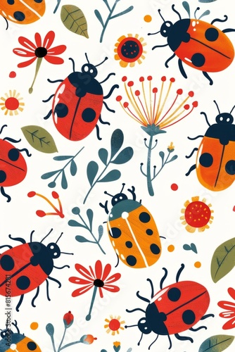 graphic seamless pattern of cute ladybugs and flowers in retro colors, simple shapes, colorful, flatgraphics on a white background, 