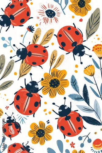 graphic seamless pattern of cute ladybugs and flowers in retro colors, simple shapes, colorful, flatgraphics on a white background, 