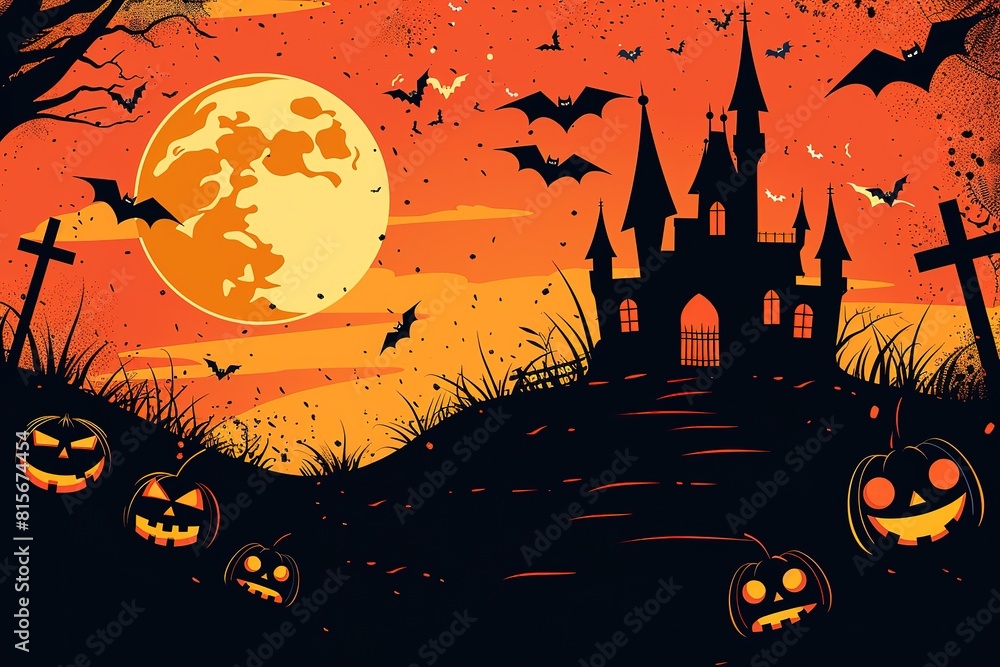 Halloween drawing with haunted witch house, dark blue sky, and orange pumpkins decoration