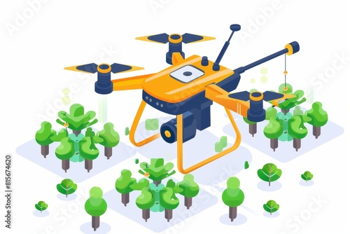 Drone technology revolutionizes agricultural sprayers in managing vibrant crop horticulture within automated farm settings, as depicted isometrically