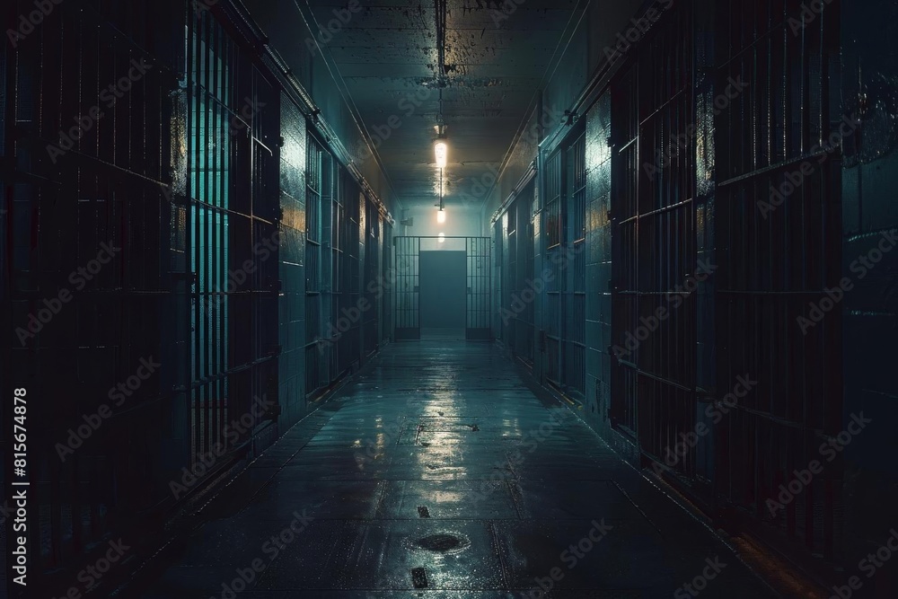 Nighttime in a prison cell, with only the dim light from the hallway
