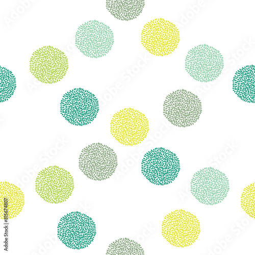 Vector seamless pattern festive garland with yellow and green pompoms bobbles hanging at the white backgroundm repeating pattern perfect for celebration, birthday, baby shower