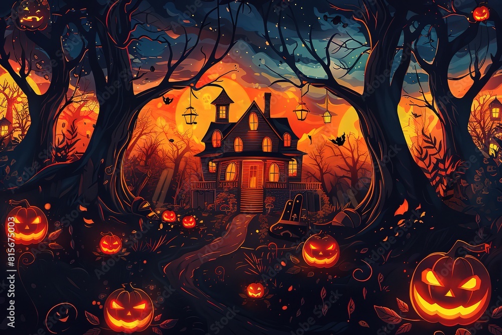 Halloween theme with glowing pumpkin in dark autumn forest with amanita and moon. Halloween horror background.