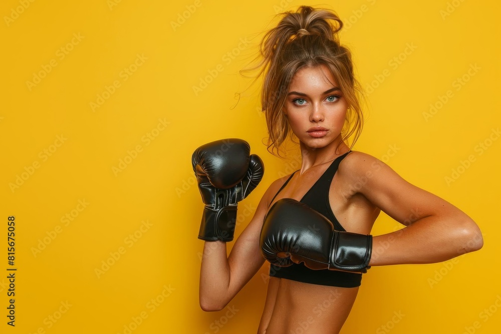 Female boxer in gloves and athletic wear, determined and strong against a powerful yellow background Female boxer in gloves and athletic wear, determined and strong against a powerful yellow background