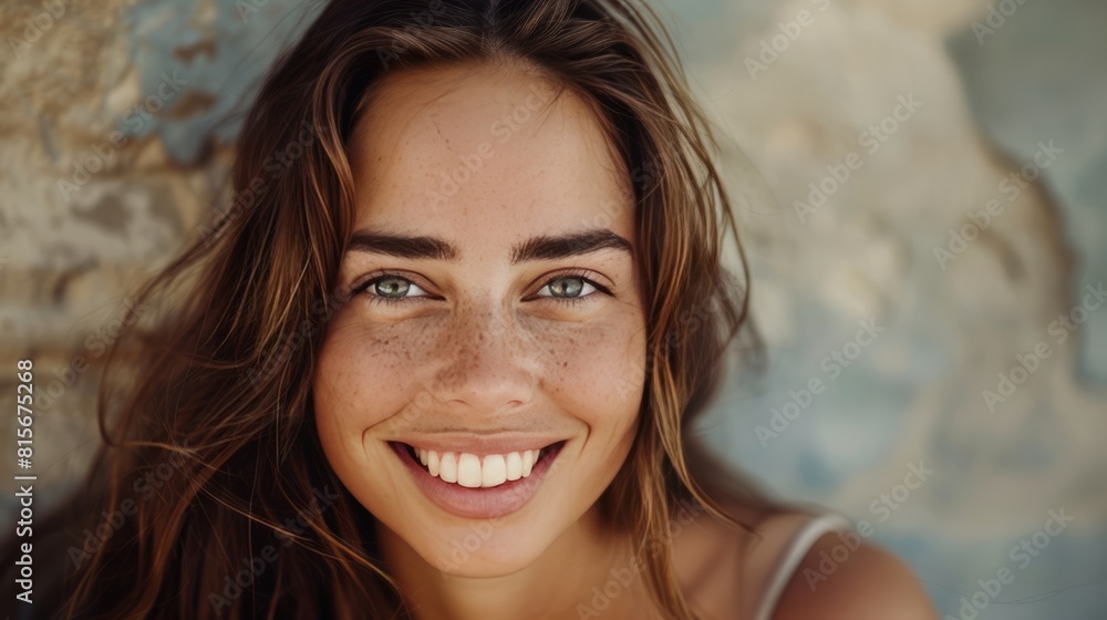 photo quality good looking younger woman smiling but with frown lines photo quality good looking younger woman smiling but with frown lines