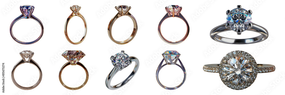 Set of Elegant engagement rings with various diamond cuts and band materials isolated transparent PNG background Set of Elegant engagement rings with various diamond cuts and band materials isolated transparent PNG background