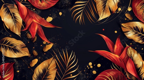 A tropic jungle exotic flower on a dark black background modern illustration of heliconia plants in gold and red. A beautiful botanical vintage design with golden paint smears  romantic holiday
