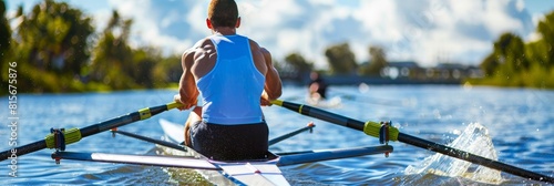 Strong rower with tense muscles competing in a thrilling rowing race - sport banner