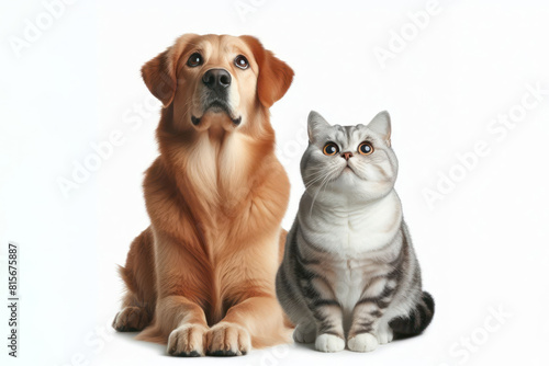 cat and dog looking up Isolated on white background