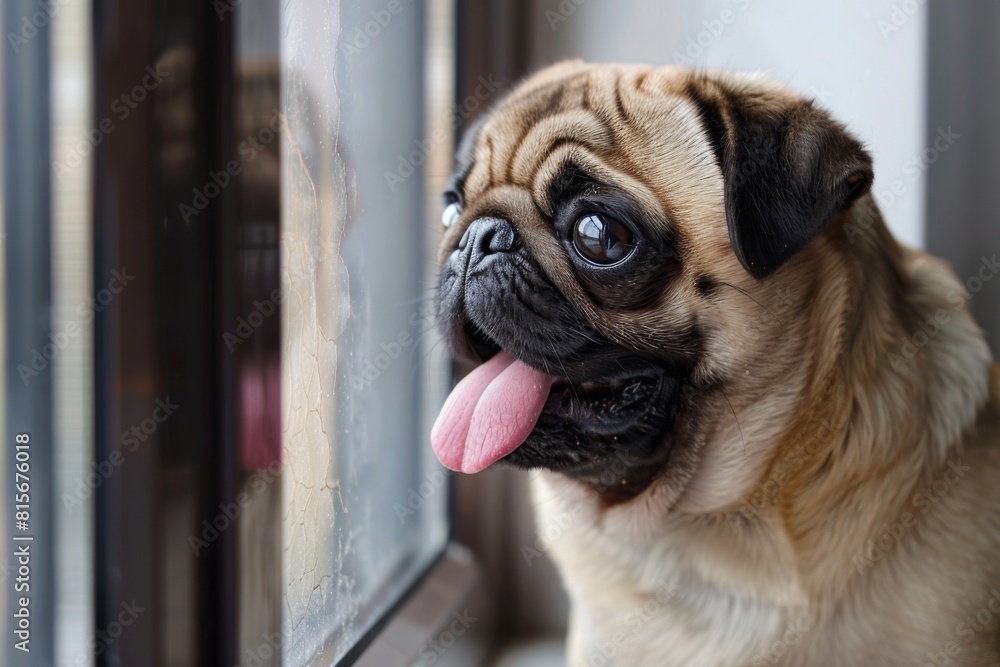 A delightful pug with its tongue out, pressing its cute face against the window, showcasing a carefree and humorous expression.