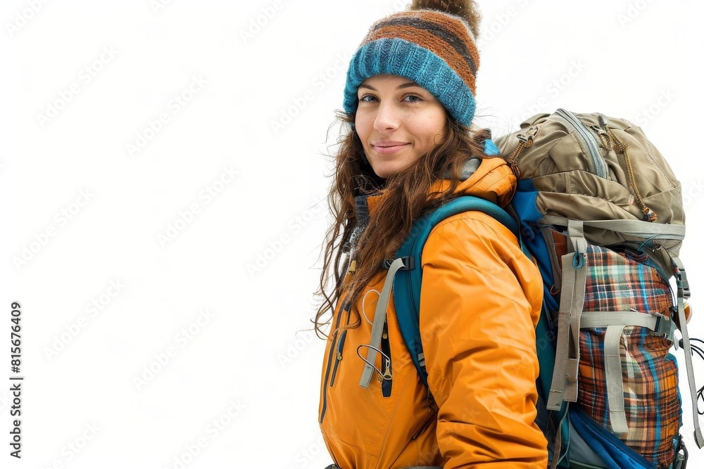 Woman in hiking gear with a backpack, ready for adventure, isolated on white Woman in hiking gear with a backpack, ready for adventure, isolated on white