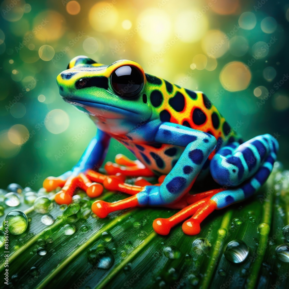 Multicolored poisonous tropical frog jungle leaves blured background bokeh