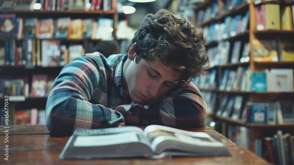 young man in his 20s sitting at the table of a bookstore with his head bowed. Side shot. Very realistic. young man in his 20s sitting at the table of a bookstore with his head bowed. Side shot. Very realistic.