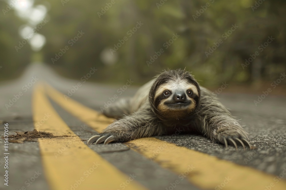 A sloth stands at the edge of a wide road, contemplating the daunting journey ahead. A sloth stands at the edge of a wide road, contemplating the daunting journey ahead.