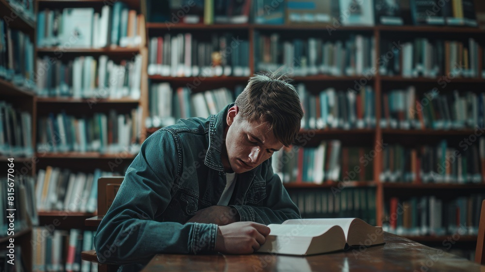 young man in his 20s sitting at the table of a bookstore with his head bowed. Side shot. Very realistic. young man in his 20s sitting at the table of a bookstore with his head bowed. Side shot. Very realistic.