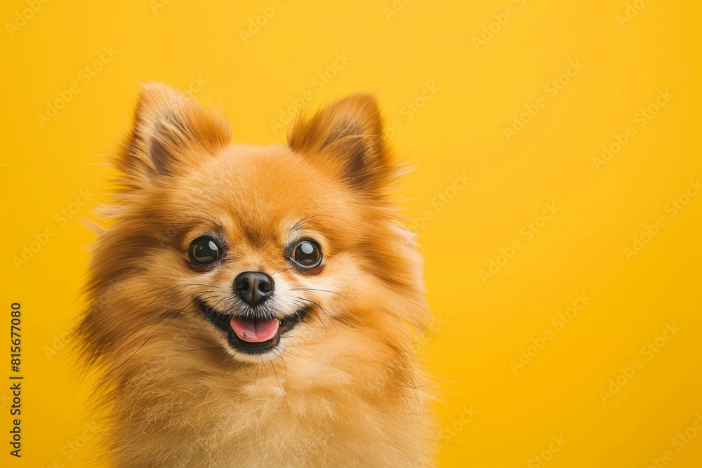 This image features a small, fluffy dog with a happy, smiling expression against a vibrant yellow backdrop. This image features a small, fluffy dog with a happy, smiling expression against a vibrant yellow backdrop.