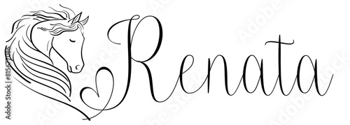 Renata - black color - name written - vector graphics with stylized horse with heart - for websites, greetings, banners, cards,tag, t-shirt, sweatshirt, prints, cricut, silhouette,