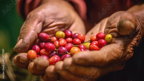 Arabica coffee berries with farmer HandsroBusta and hand-made Arabica coffee berries with farmer Gia Lai, Vietnam. photo