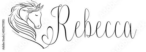 rebecca - black color - name written - vector graphics with stylized horse with heart - for websites, greetings, banners, cards,tag, t-shirt, sweatshirt, prints, cricut, silhouette,