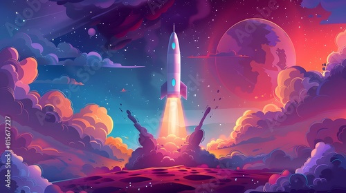 Spaceship rocket. Toy rocket upswing ,spewing smoke. Startup, space, business concept. 3d vector icon.  photo