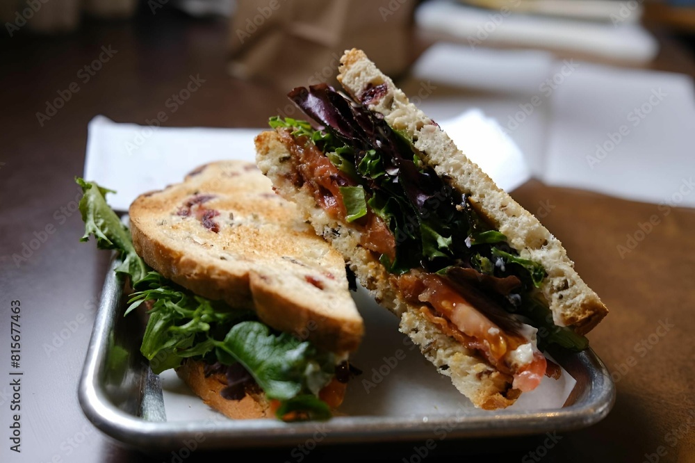 Sandwich on a plate, surrounded by freshly cut lettuce, placed on top of a rustic wooden table Sandwich on a plate, surrounded by freshly cut lettuce, placed on top of a rustic wooden table