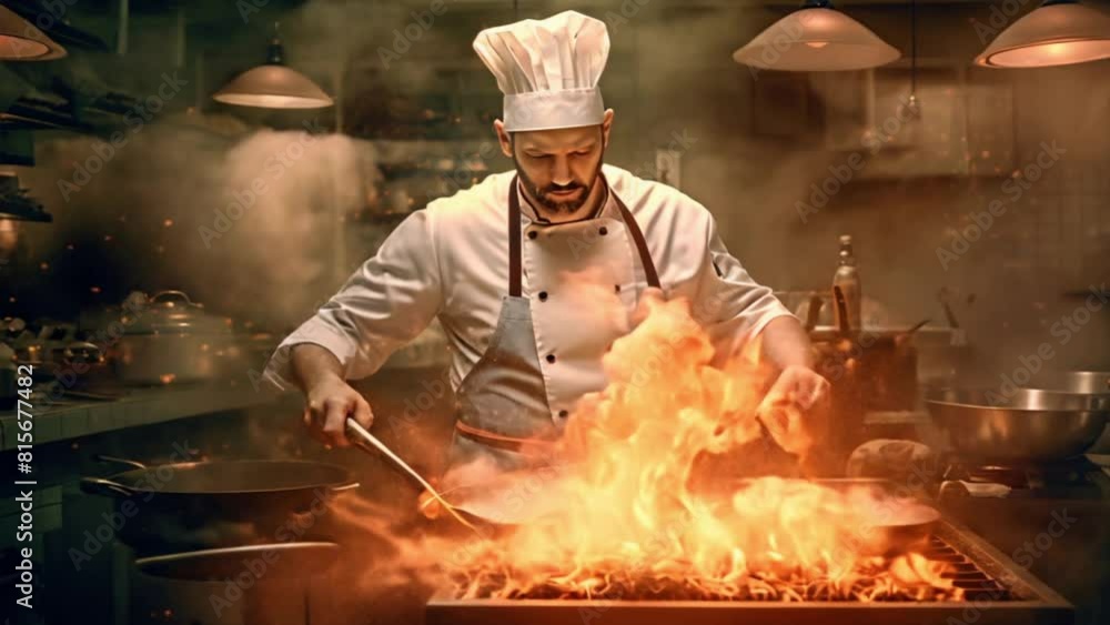 Chef's hand heating a pan with fire. Chef's hand, closeup Cooking food with fire. Chef burns food in a professional kitchen. Chef's hand heating a pan with fire. Chef's hand, closeup Cooking food with fire. Chef burns food in a professional kitchen.