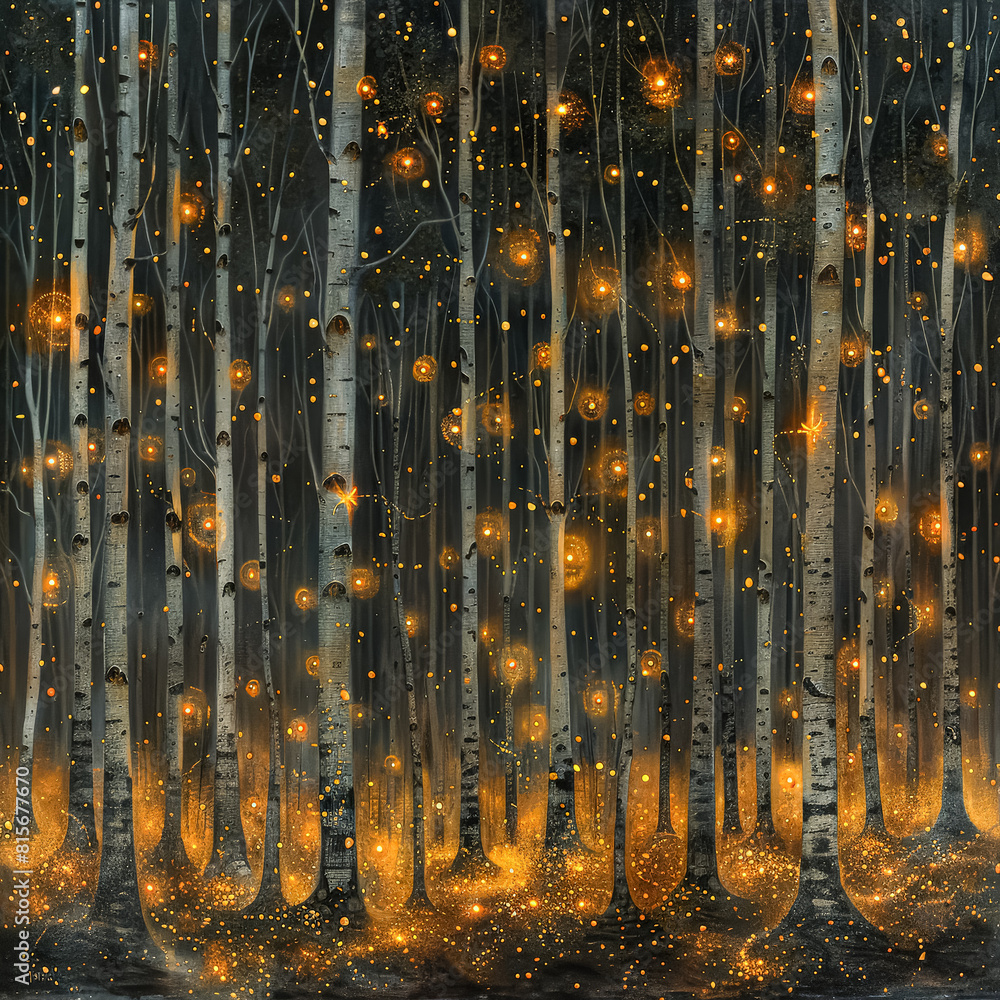 A painting of a forest with glowing trees. The mood of the painting is serene and peaceful A painting of a forest with glowing trees. The mood of the painting is serene and peaceful