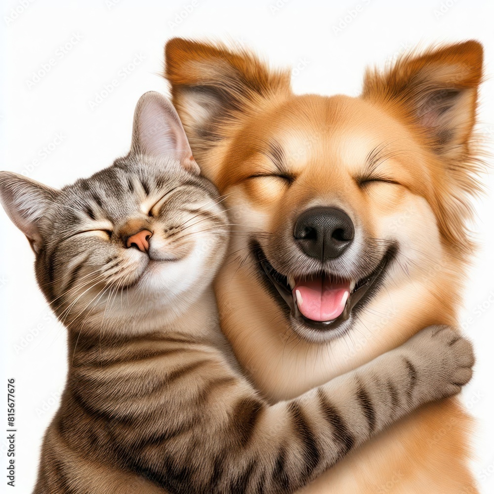 Funny happy smiling cat and dog hugging with closed eyes Portrait isolated on white background