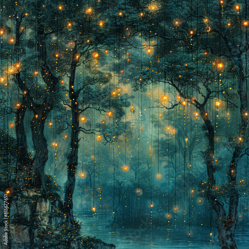 A painting of a forest with glowing trees. The mood of the painting is serene and peaceful