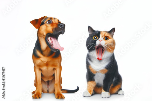 Funny cat and dog shouting at each other Isolated on white background