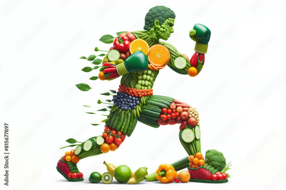 Fototapeta premium Man in action Made of Fruit and Vegetables Healthy Lifestyle Concept