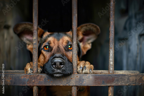 A street dog looks sadly through the bars of a cage, caged dog