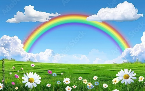 Colorful Rainbow Over Spring Meadow