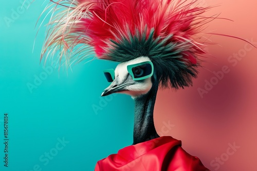 Fashionable Emu with Pink Head Feathers and Sunglasses