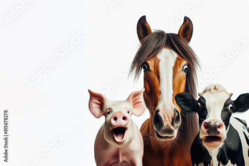 Surprised Farm Animals Horse  Pig  Cow Isolated on White Background copy space