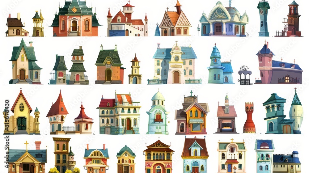Cartoon illustration of an urban retro colonial style building set on a white background. The set includes historic residential buildings, government buildings, churches, and Victorian houses.